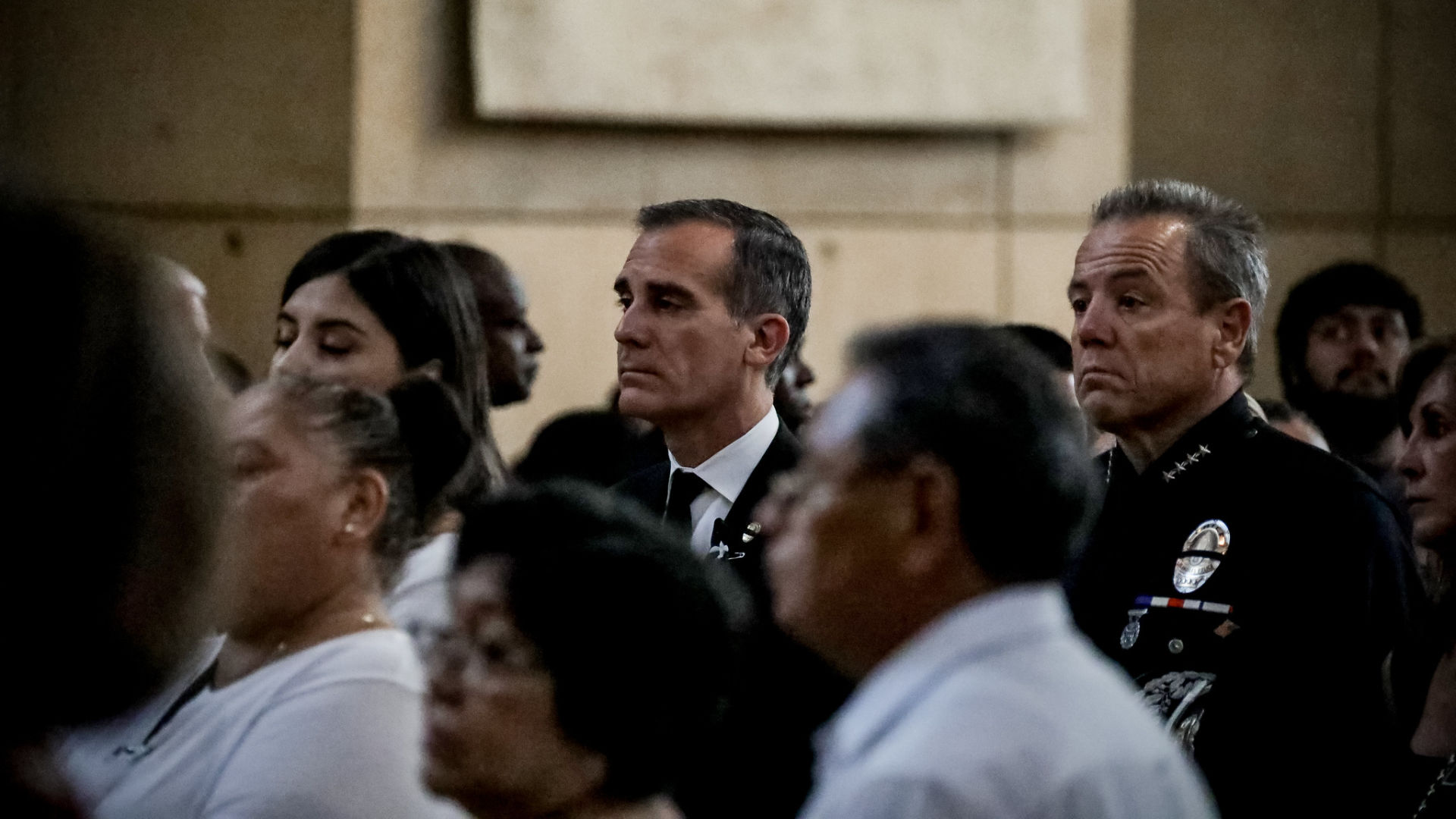 Eric Garcetti and Michel Moore at memorial service for juan jose diaz courtesy mayor of Los Angeles.jpg